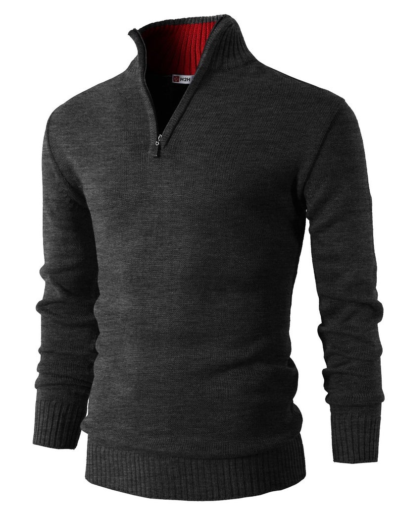 H2H Men's Casual Slim Fit 1/4 Zip up Long Sleeve Pullover Mock Neck Sweater Charcoal US XL/Asia 2XL (KMOSWL021) - Image 1